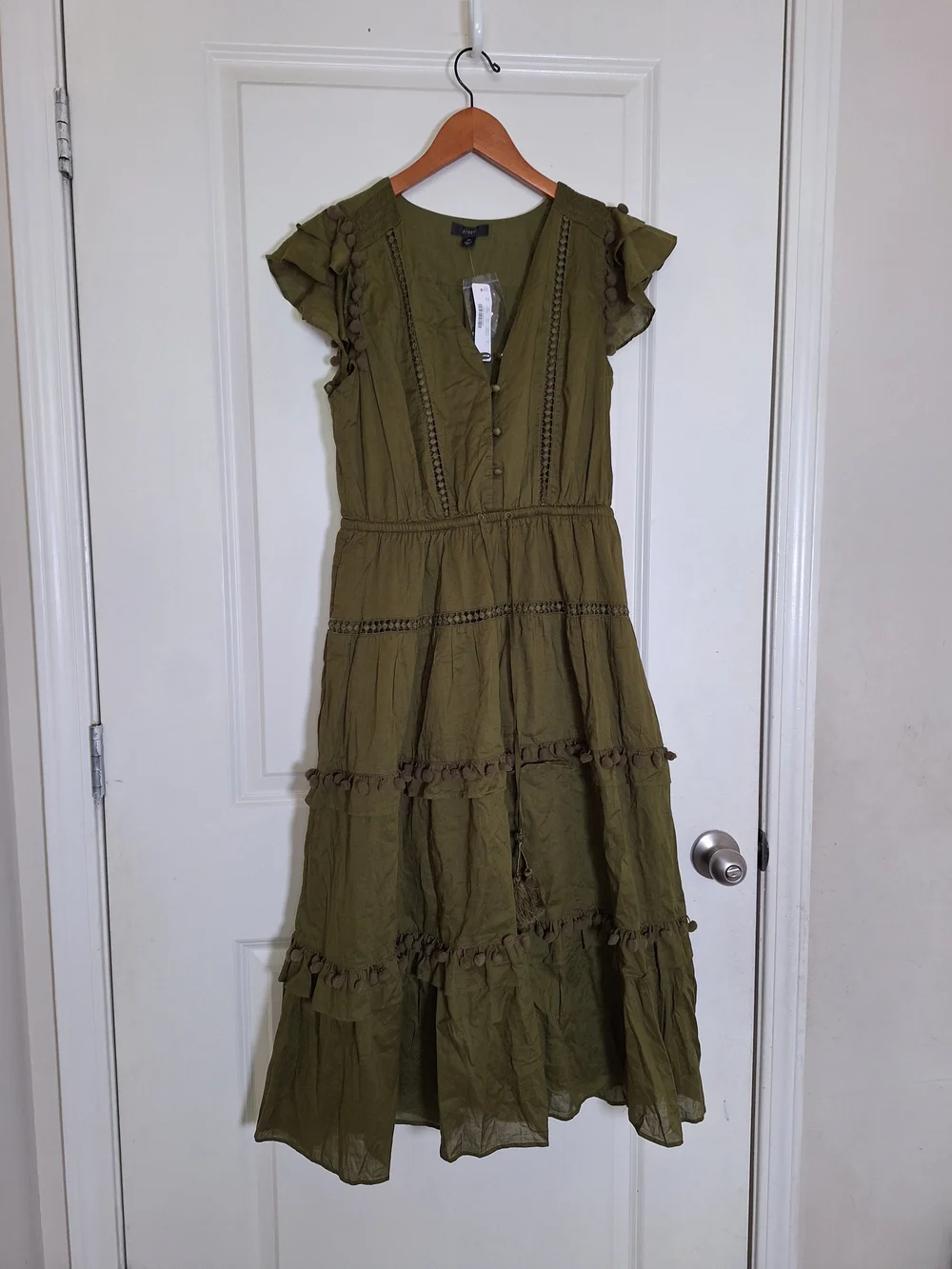 J.Crew Women's Olive Green Tiered Midi Dress Flutter Sleeve Pom Pom Trim Size 10